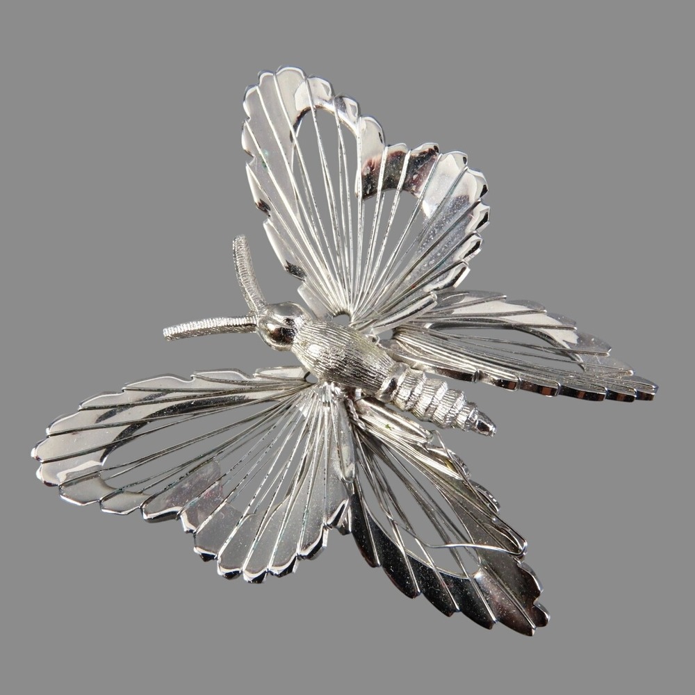 Vintage MONET BUTTERFLY BROOCH PIN Silver Tone WIRE WRAPPED WINGS Sleek Style